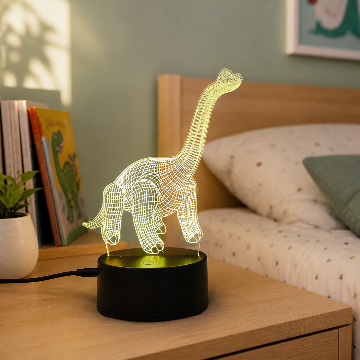 Lampe veilleuse dinosaure 3D à LED, modèle Diplodocus, allumée dans une chambre d'enfant