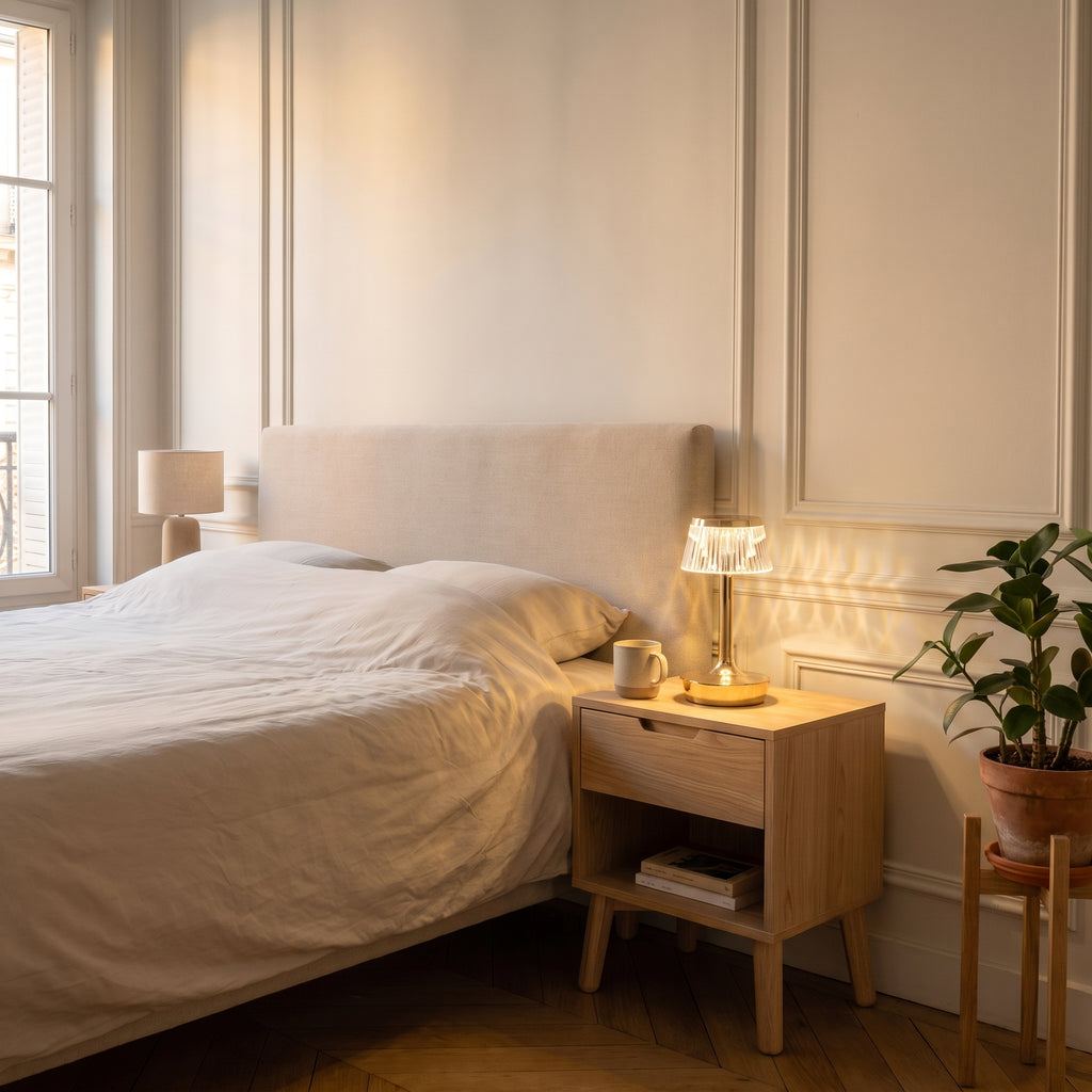 Lampe de chevet LED tactile dorée allumée près du lit