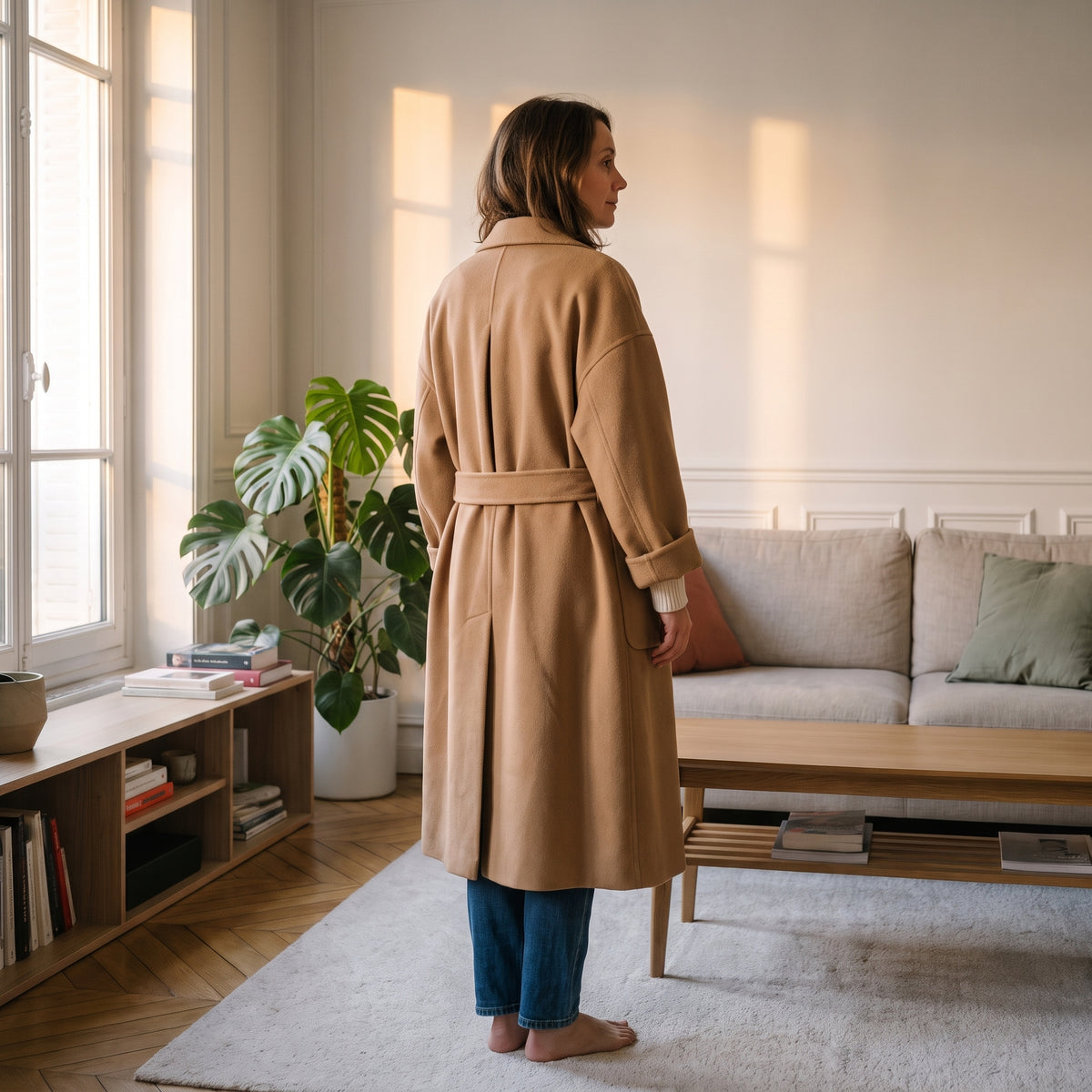 Manteau peignoir camel vu de dos, pli creux central
