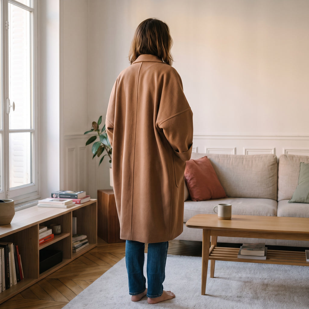 Manteau cocon camel vu de dos