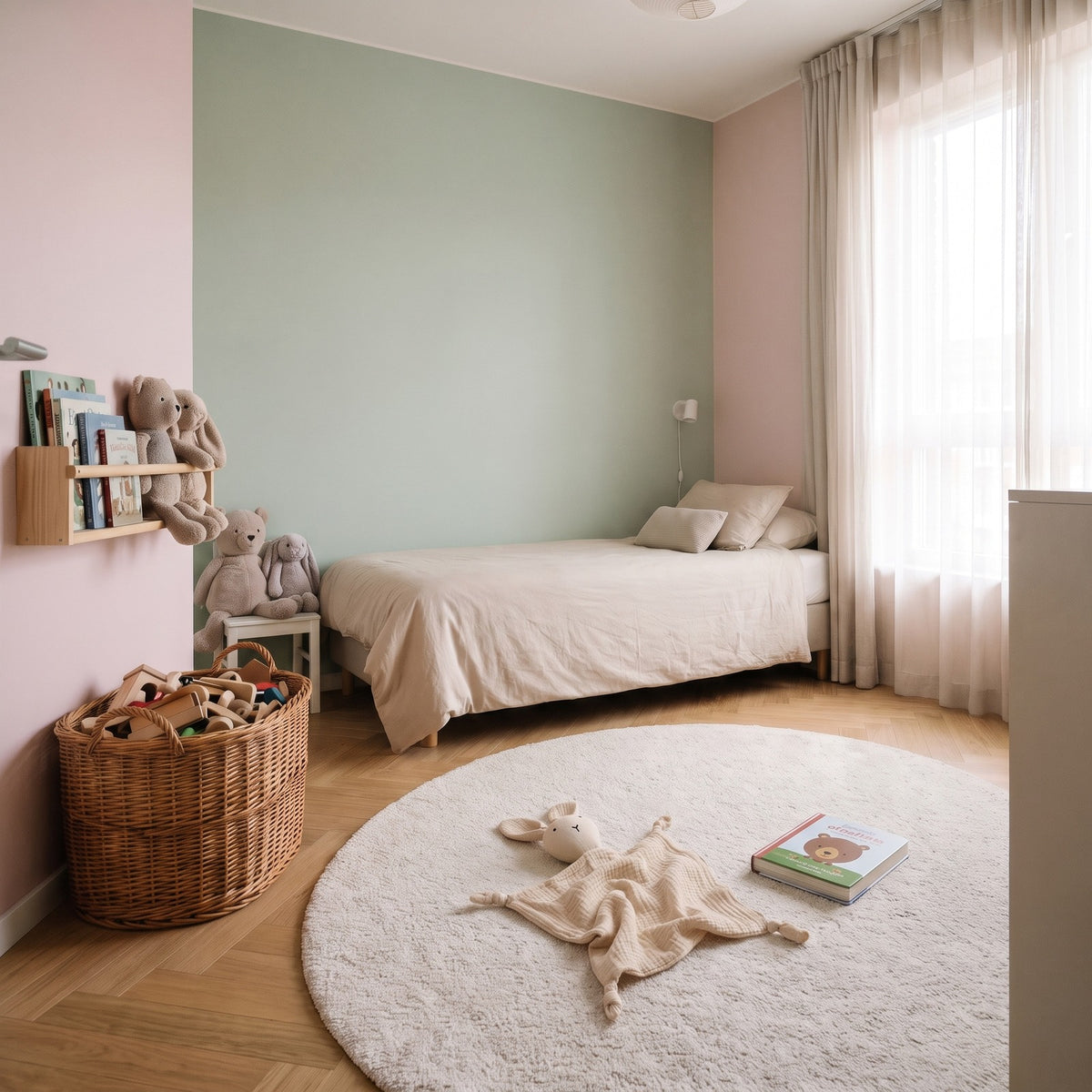 Doudou lapin beige en gaze de coton pose sur le tapis rond d'une chambre d'enfant, a cote d'un livre pour la meme echelle