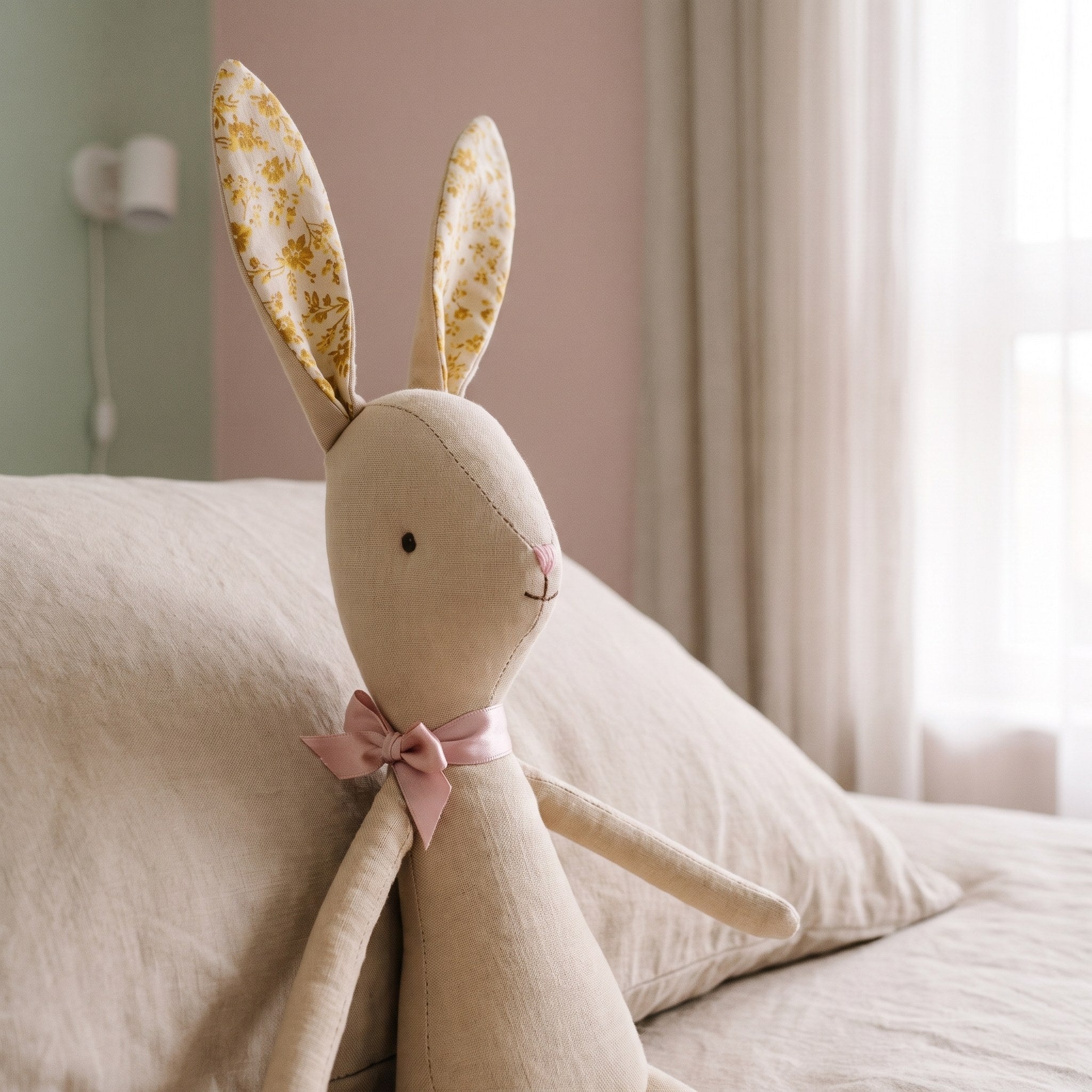 Nœud de ruban rose et coton tissé du doudou lapin beige Image