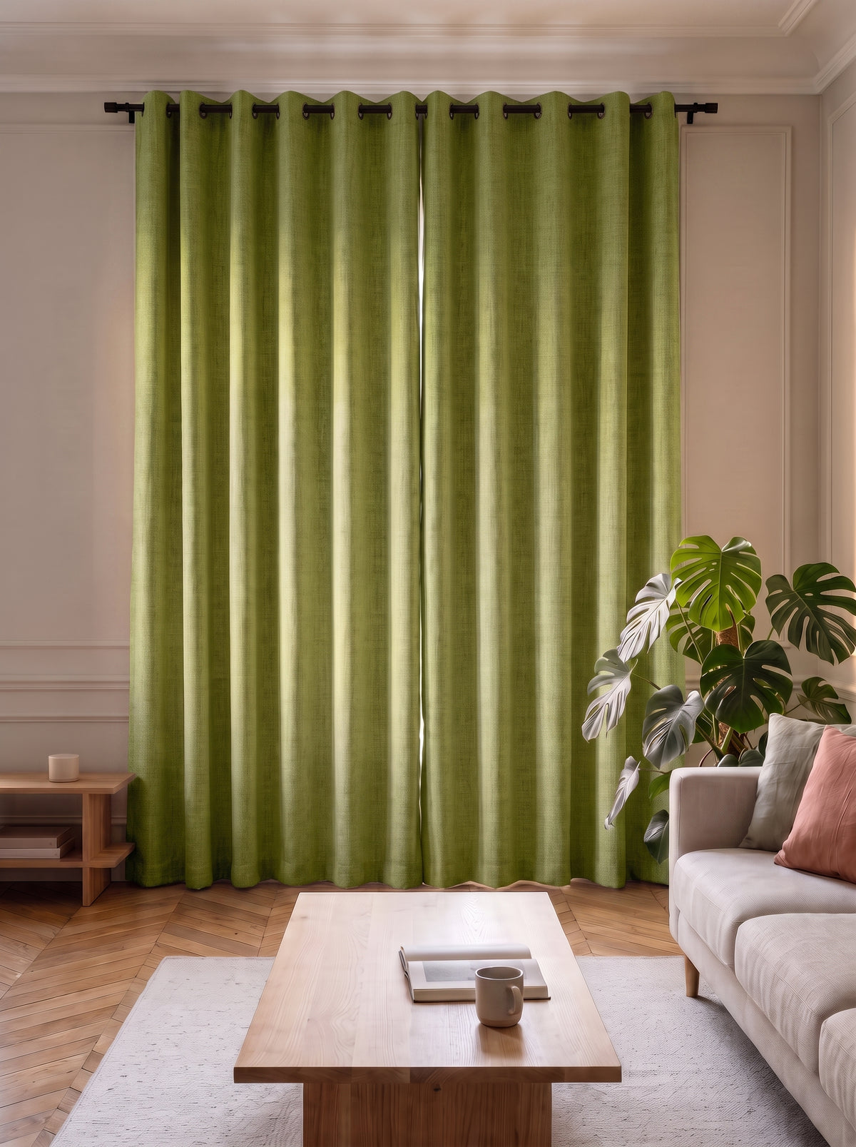 Coloris vert : deux pans tirés devant la fenêtre du salon, de la tringle jusqu'au parquet