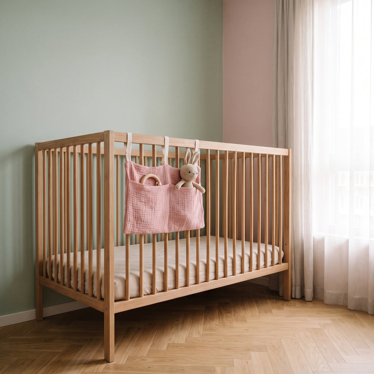 Lit bébé entier avec sac de rangement rose fixé sur la face extérieure