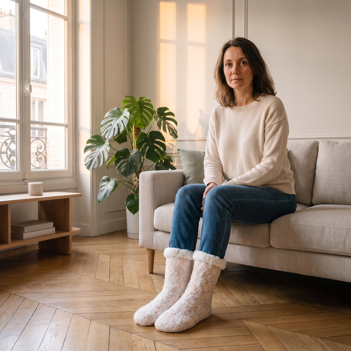 Chaussettes écru moucheté portées dans un salon lumineux