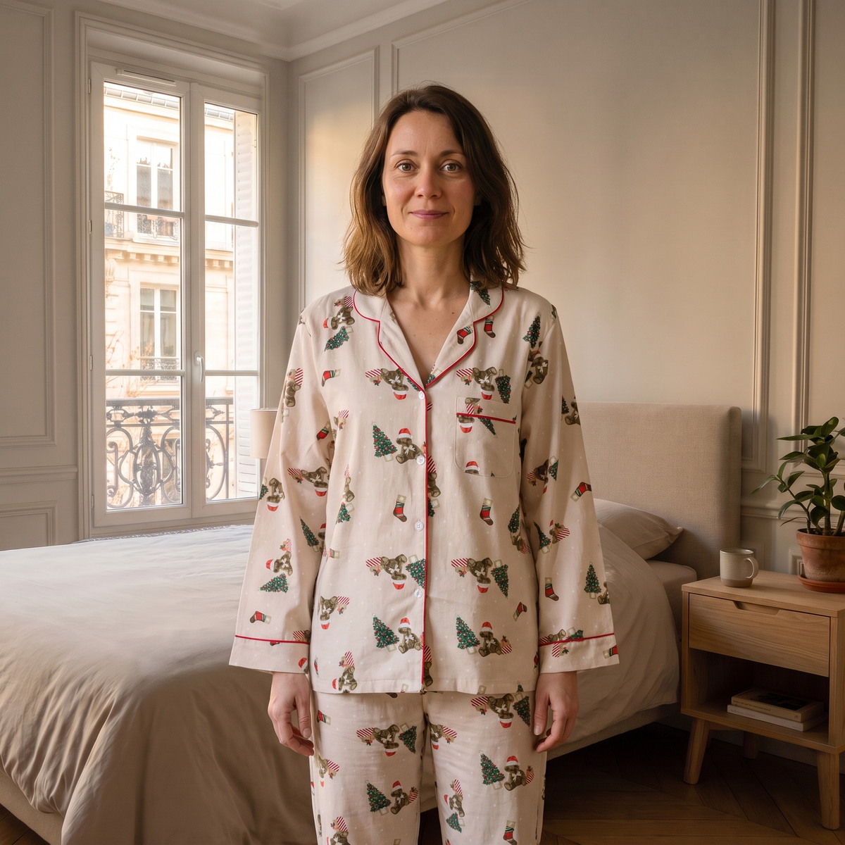 Pyjama de Noël femme écru porté de près dans une chambre lumineuse