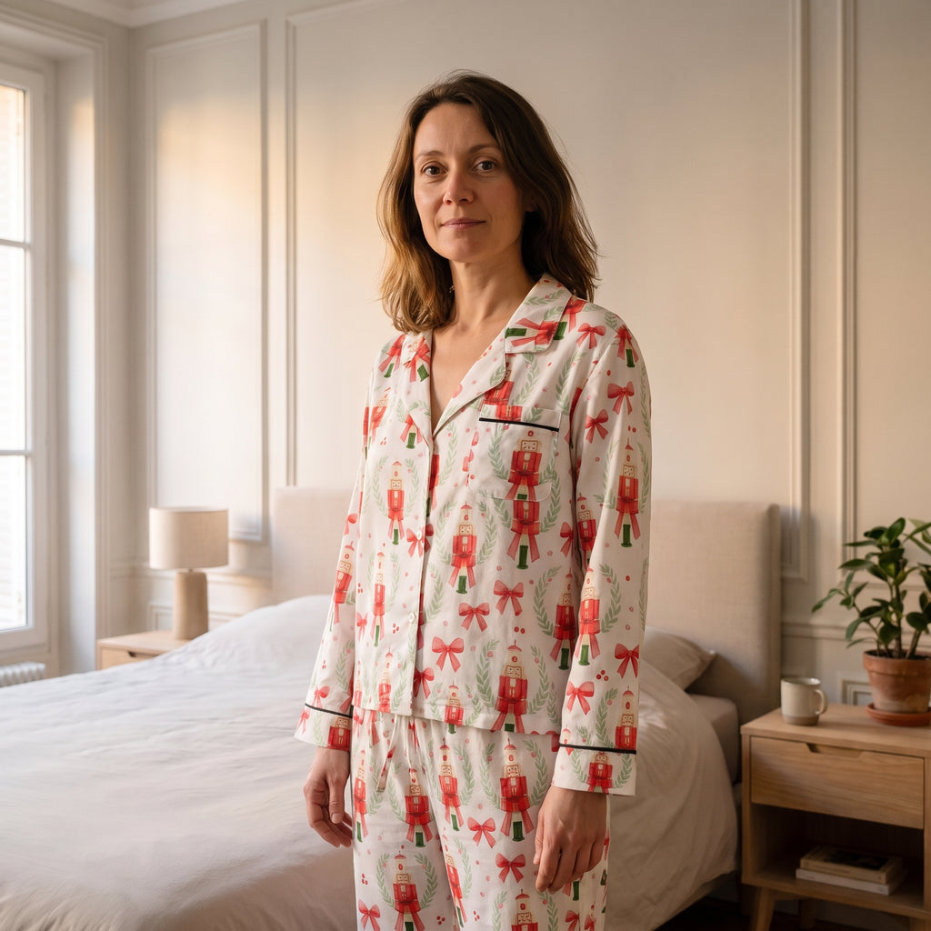 Pyjama de Noël femme écru porté et cadré à mi-cuisse dans une chambre