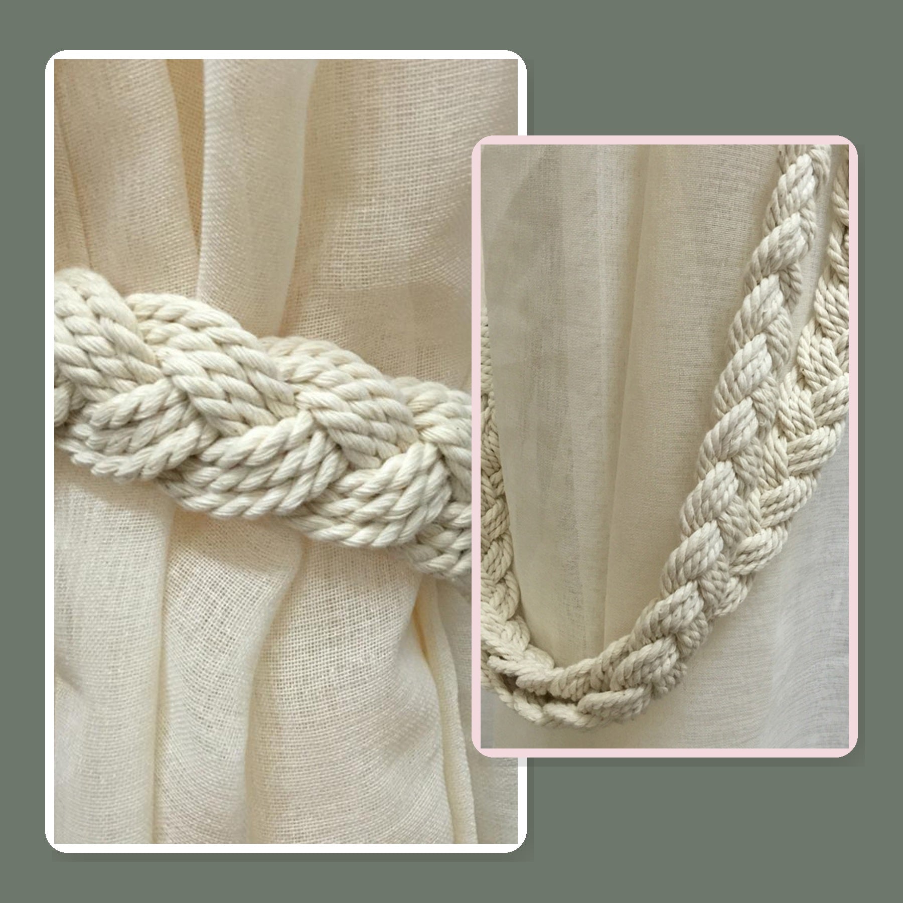 Détail des fibres et de la torsade d’une embrasse de rideau blanche Image