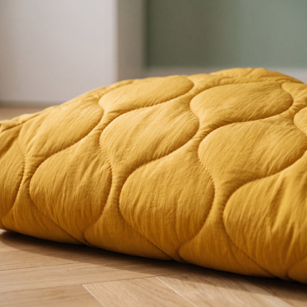 Gros plan sur le matelassage en ondes du tissu jaune moutarde