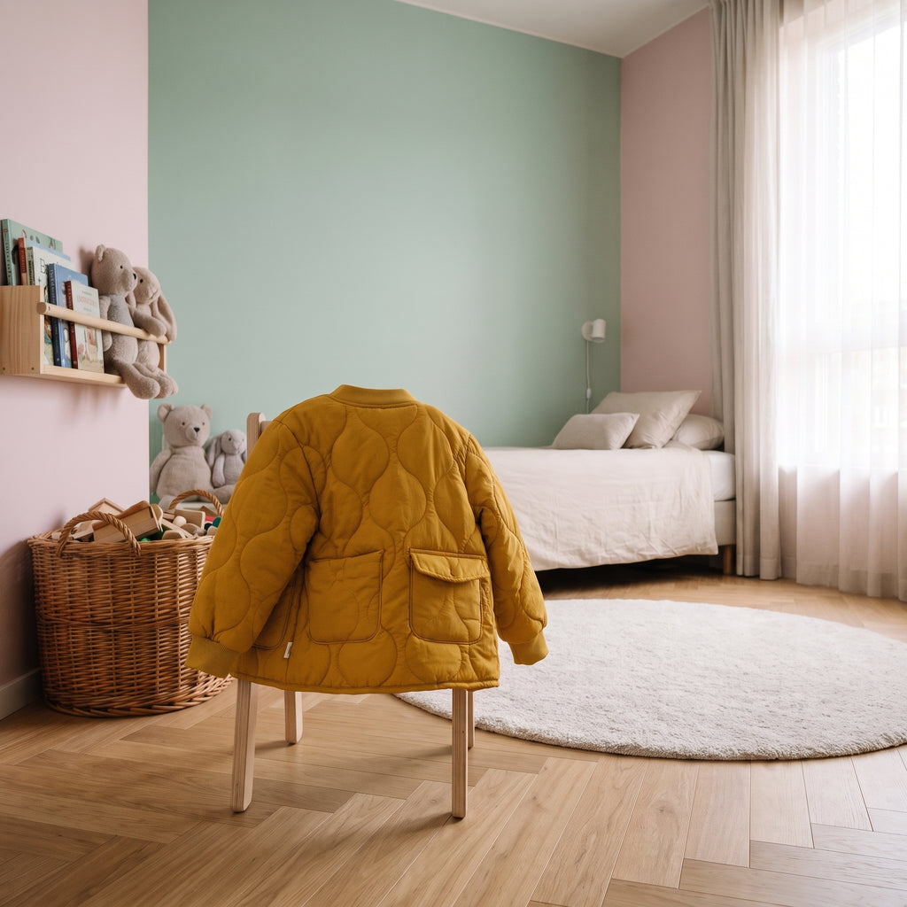 Veste matelassée jaune moutarde posée sur une petite chaise en bois, chambre d’enfant