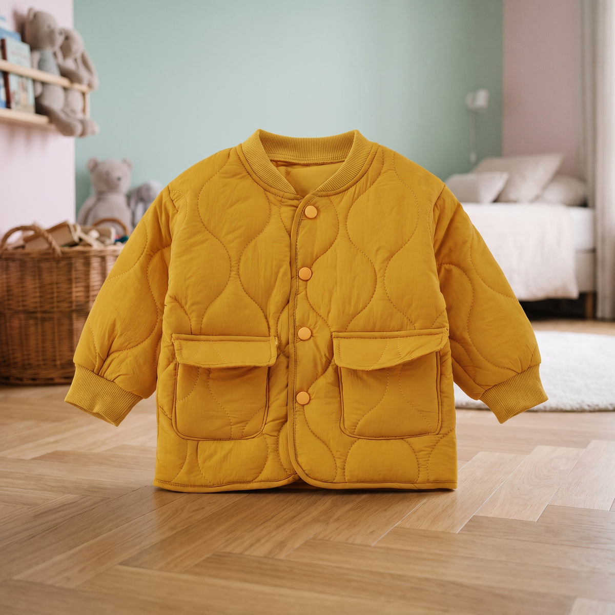 Veste matelassée jaune moutarde pour bébé, vue de face dans une chambre d’enfant