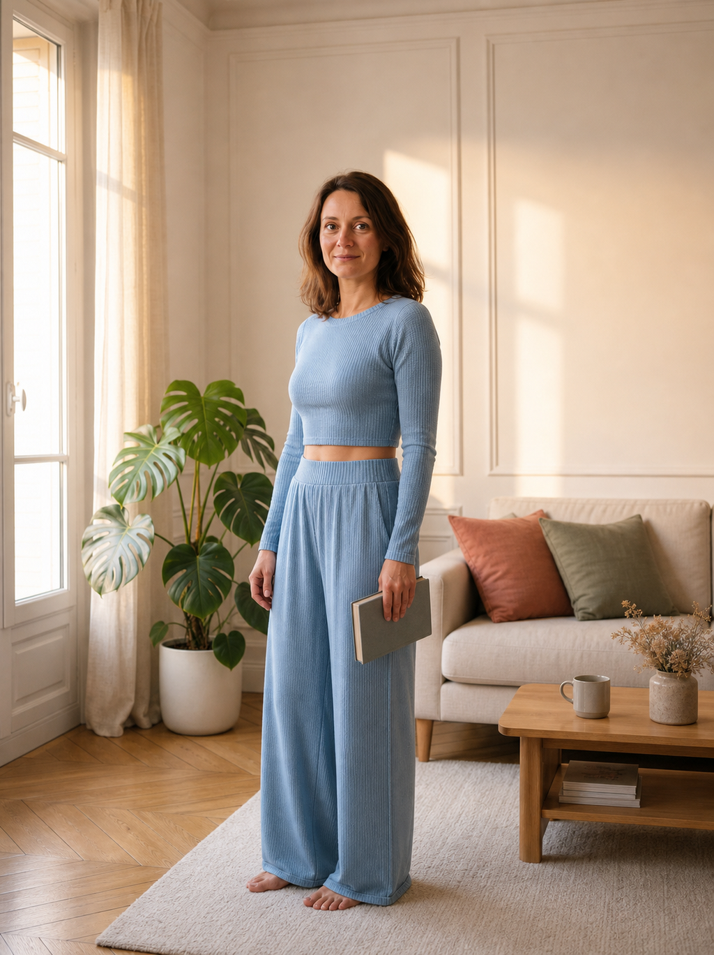 Femme portant l'ensemble bleu à pantalon large dans le coin lecture