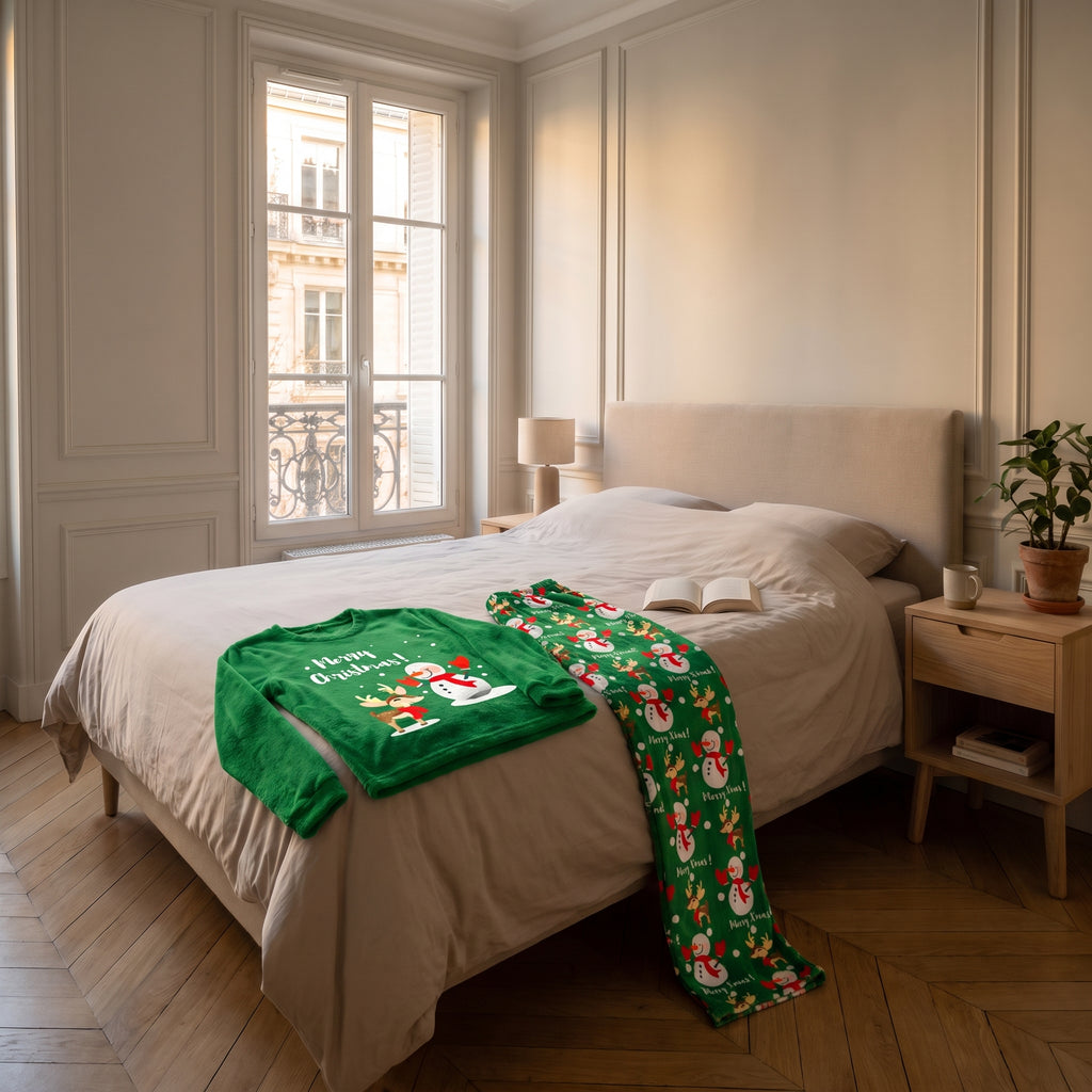 Haut et pantalon du pyjama de Noël homme vert posés sur le lit
