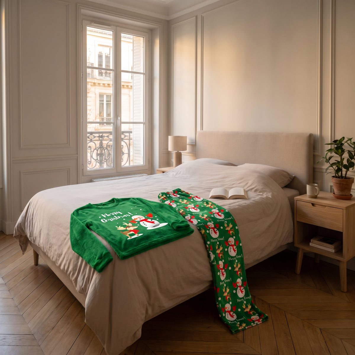Haut et pantalon du pyjama de Noël homme vert posés sur le lit