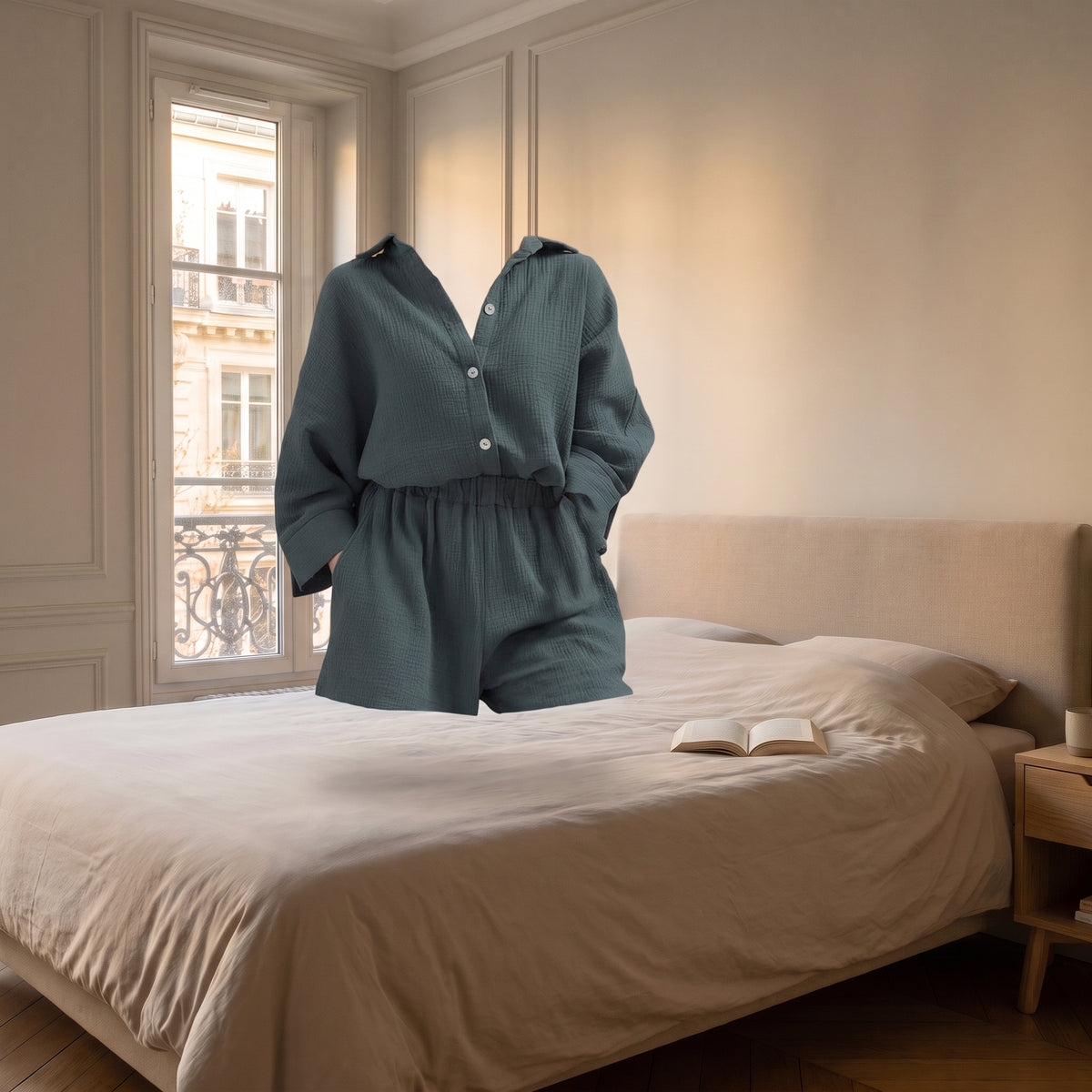 Ensemble chemise et short en gaze de coton vert sur mannequin invisible pour montrer la coupe Image