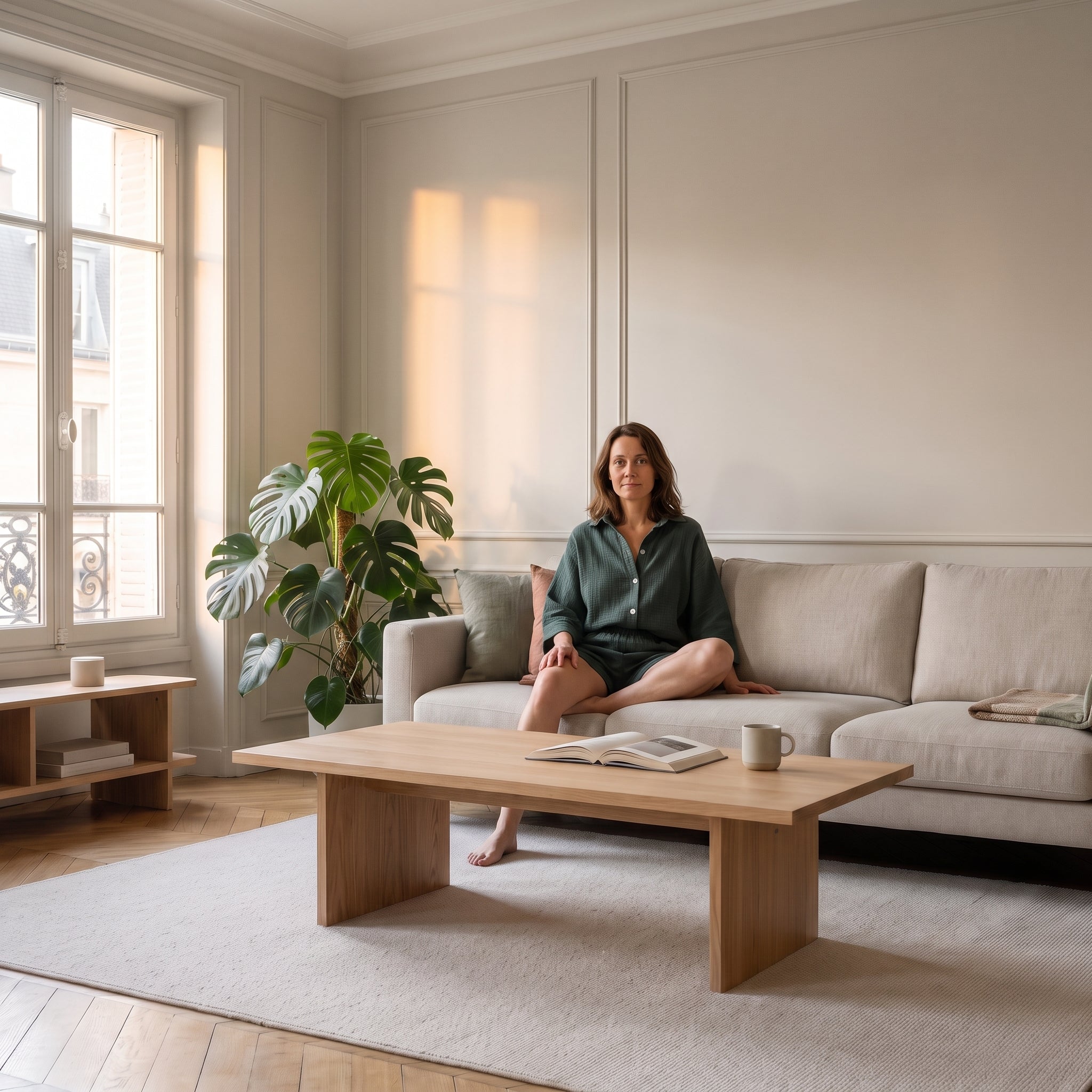 Femme assise sur le canapé du salon portant l'ensemble en gaze de coton vert Image