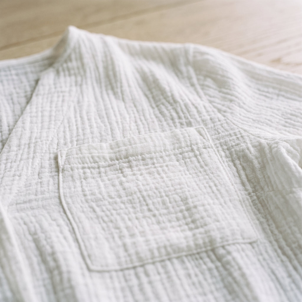 Gros plan sur le relief gaufré et la poche poitrine de la chemise blanche