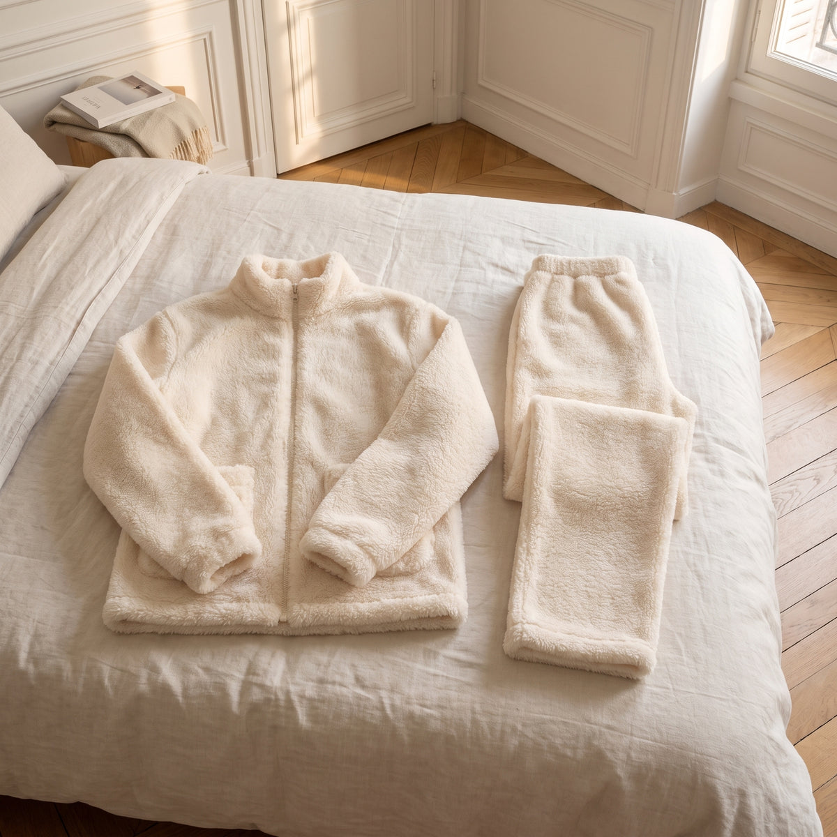 Veste et pantalon de l’ensemble en peluche blanc posés à plat