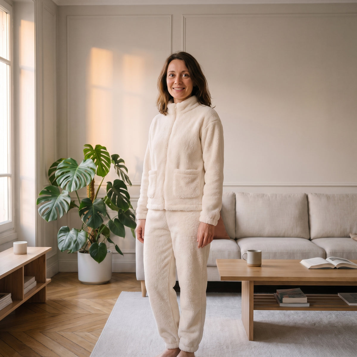 Ensemble en peluche blanc porté par une femme dans un salon