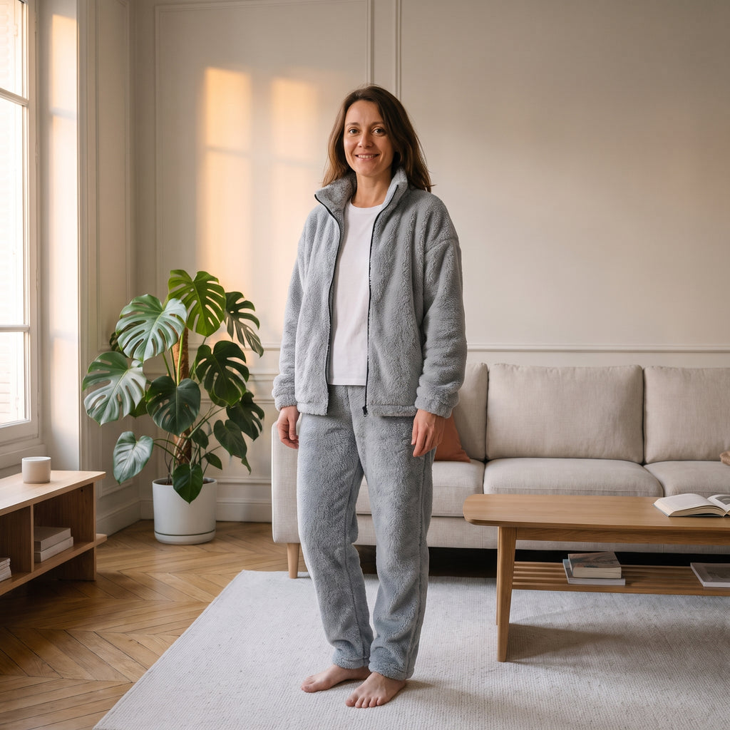 Ensemble en peluche gris porté par une femme dans un salon