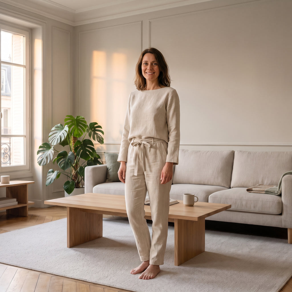 Ensemble en coton et lin beige porté, col bateau et pantalon à taille nouée, dans un salon clair