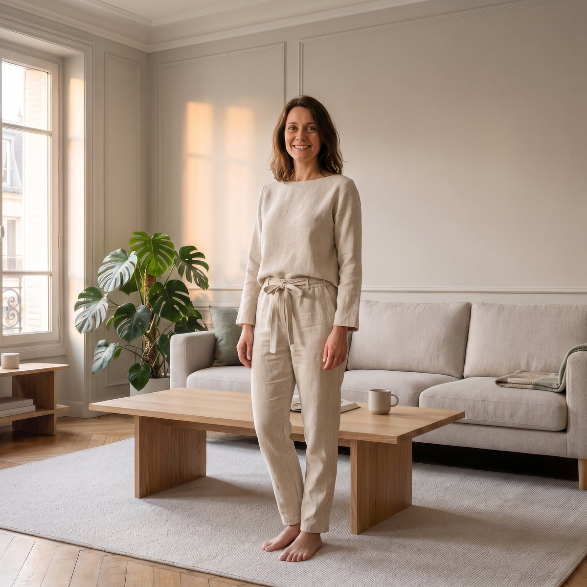 Ensemble en coton et lin beige porté, col bateau et pantalon à taille nouée, dans un salon clair