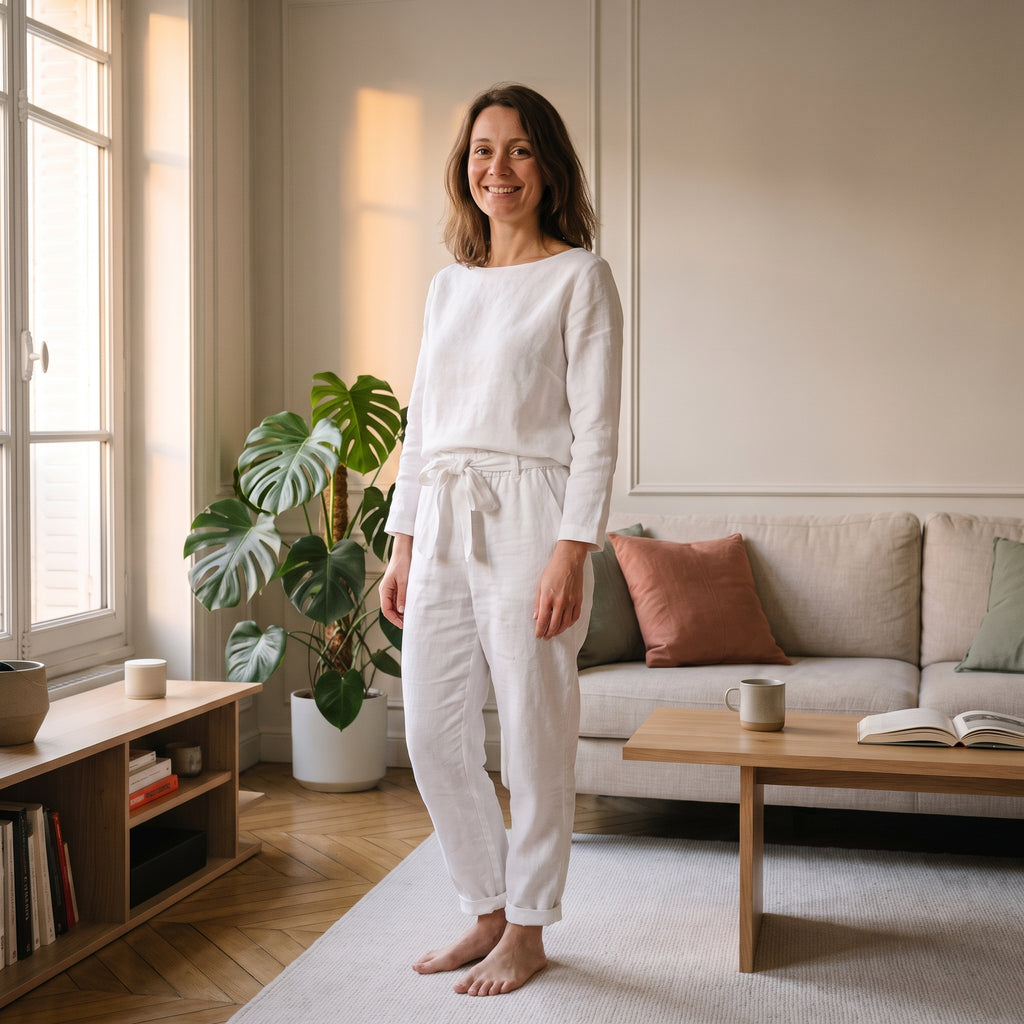 Ensemble en coton et lin blanc porté, col bateau et pantalon à taille nouée, dans un salon clair