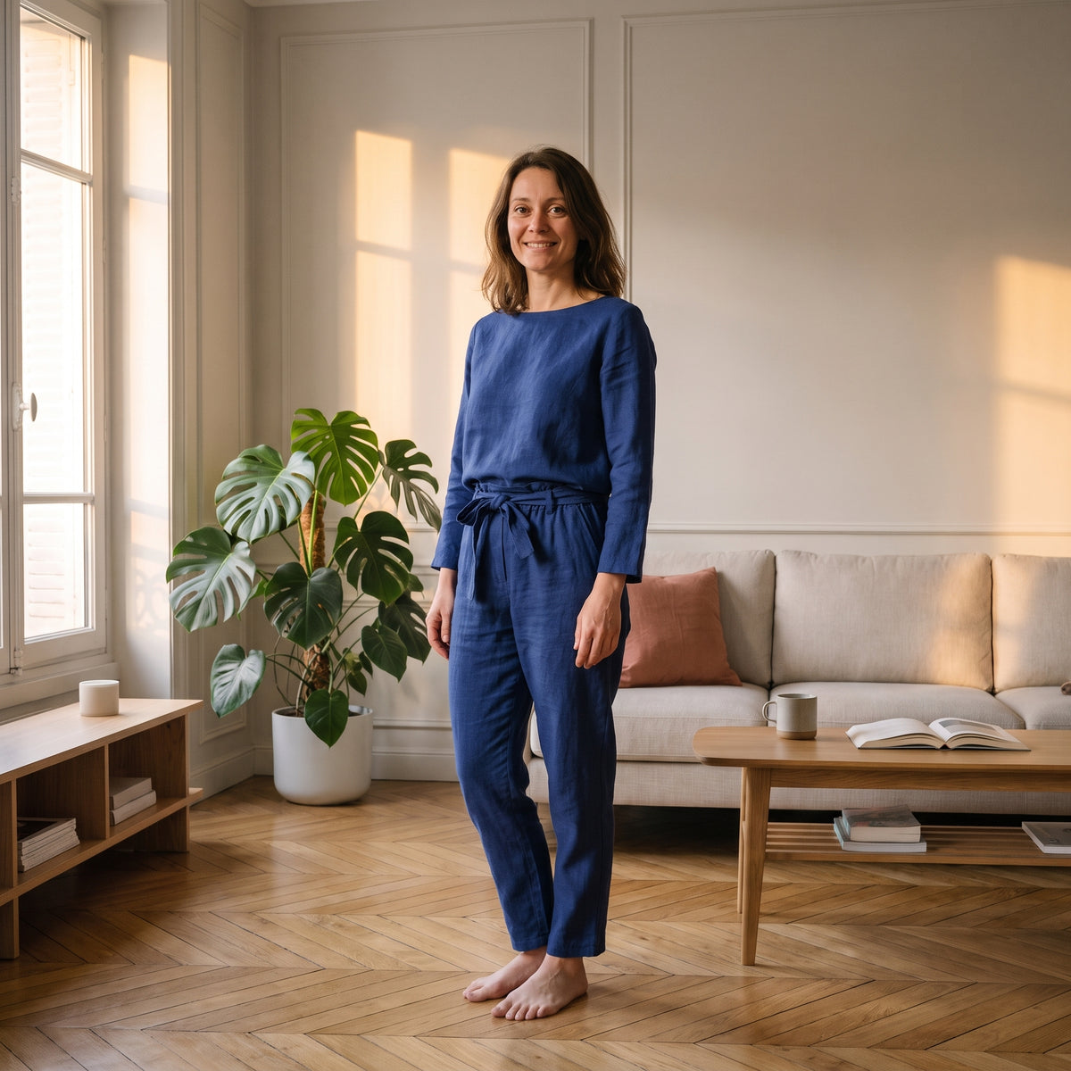 Ensemble en coton et lin bleu indigo porté, col bateau et pantalon à taille nouée, dans un salon clair