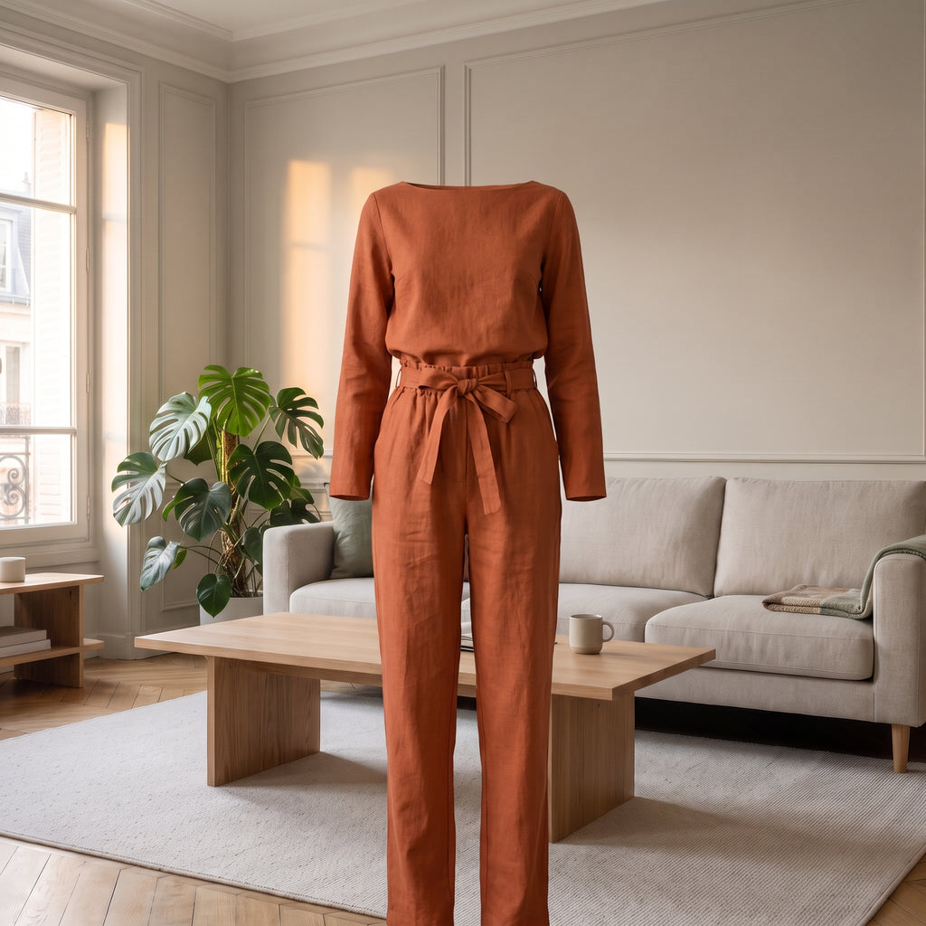 L'ensemble en coton et lin vu sans corps, la coupe du haut et la jambe du pantalon en volume