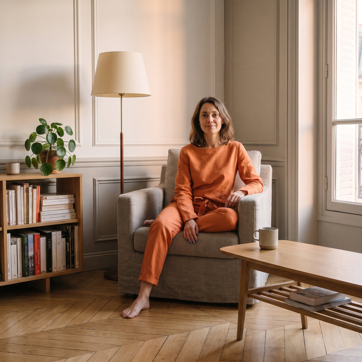 Assise dans le fauteuil du coin lecture, en ensemble de coton et lin orange terracotta