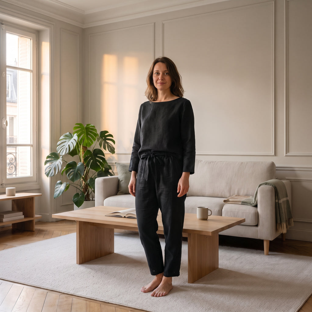 Ensemble en coton et lin noir porté, col bateau et pantalon à taille nouée, dans un salon clair
