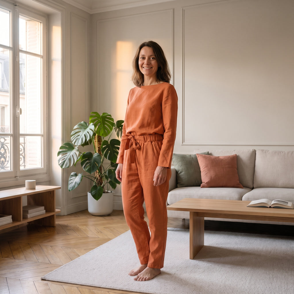Ensemble en coton et lin orange terracotta porté, col bateau et pantalon à taille nouée, dans un salon clair