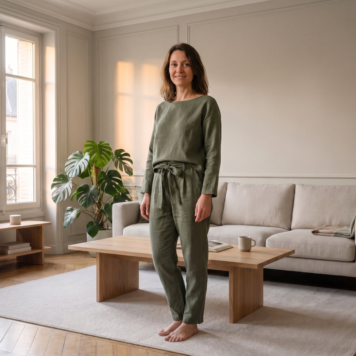 Ensemble en coton et lin vert kaki porté, col bateau et pantalon à taille nouée, dans un salon clair