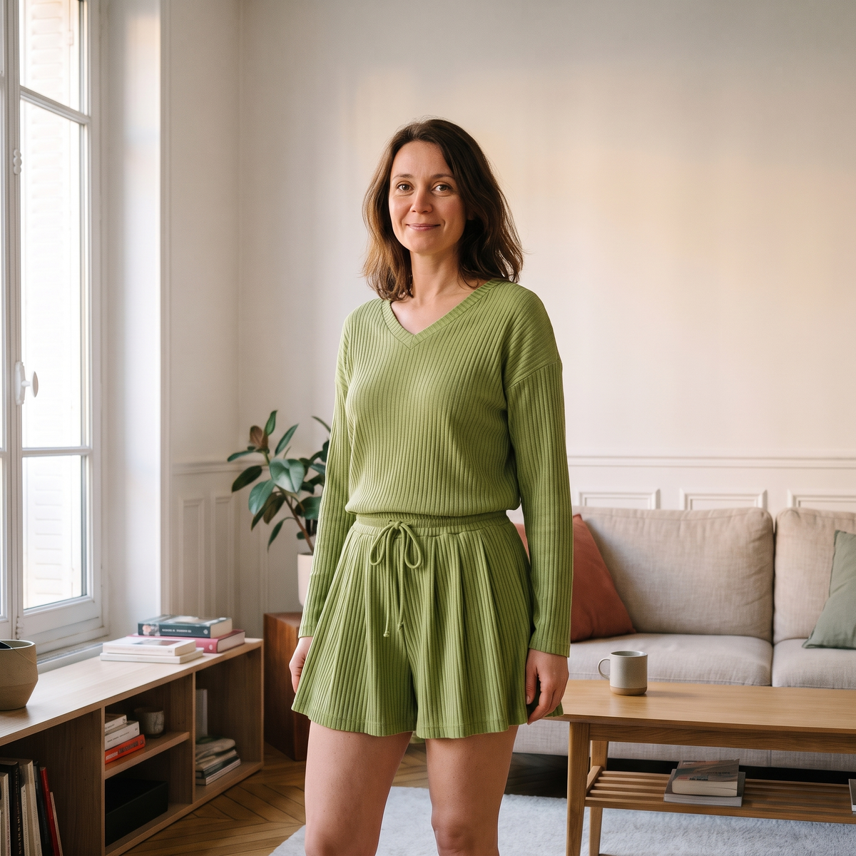 Femme portant l'ensemble détente vert côtelé, debout dans le salon Image