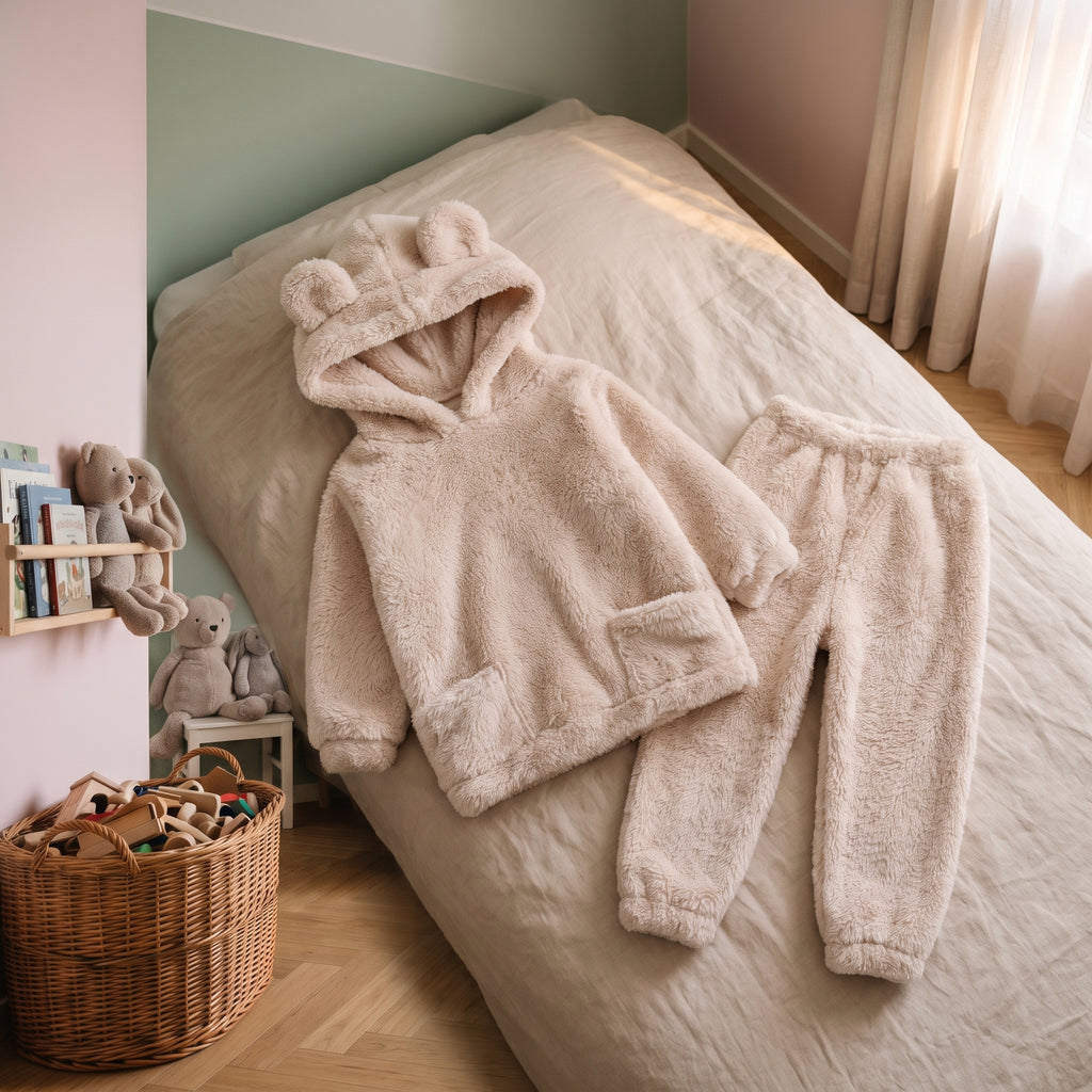 Haut à capuche et pantalon du pyjama bébé beige posés ensemble sur un lit d'enfant