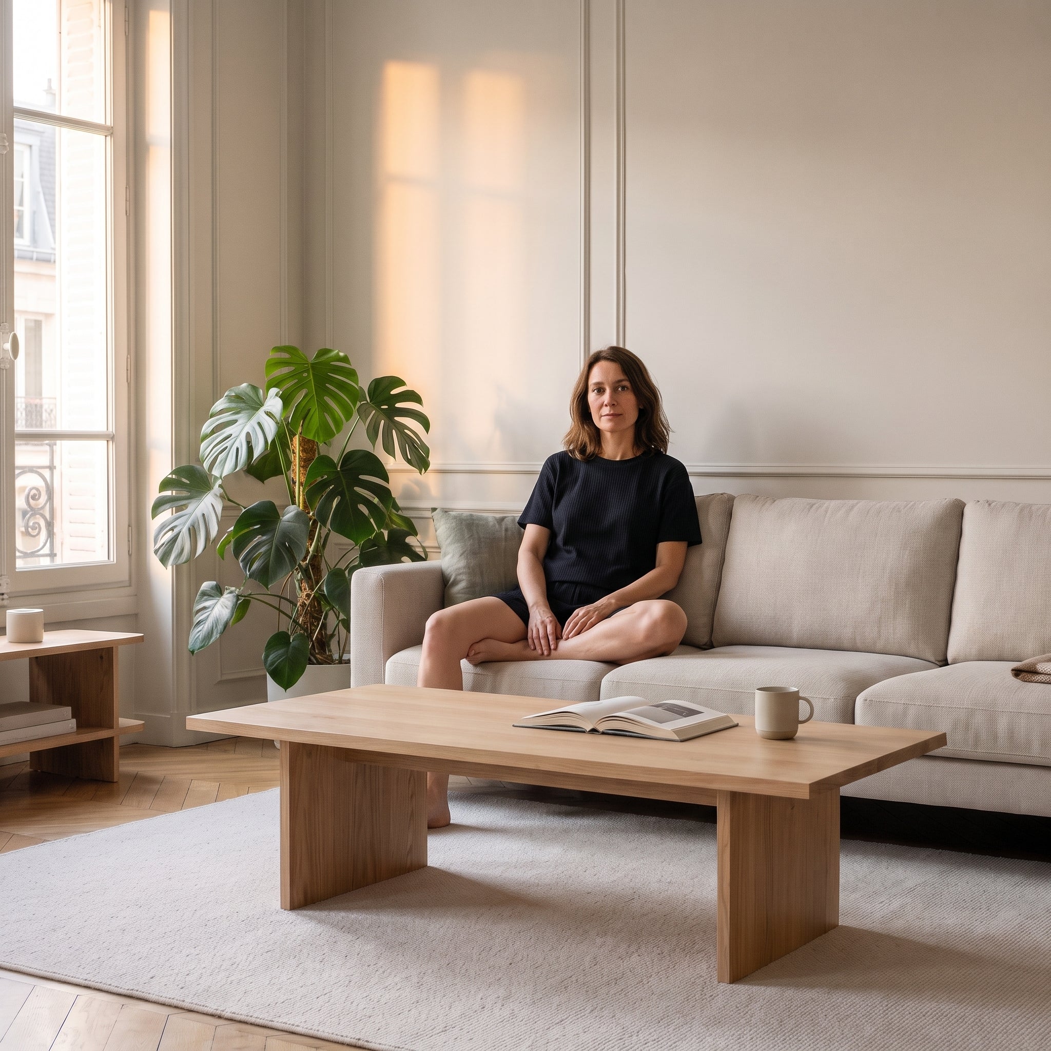 Ensemble d'été bleu marine porté assise dans un salon Image