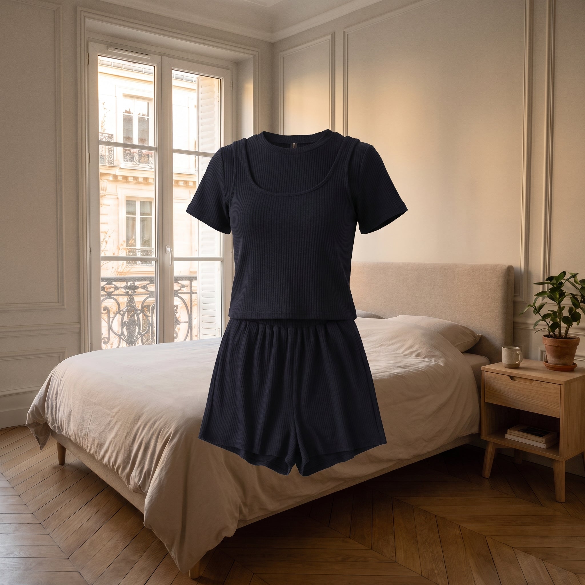 Ensemble d'été bleu marine porté sans mannequin, coupe visible Image