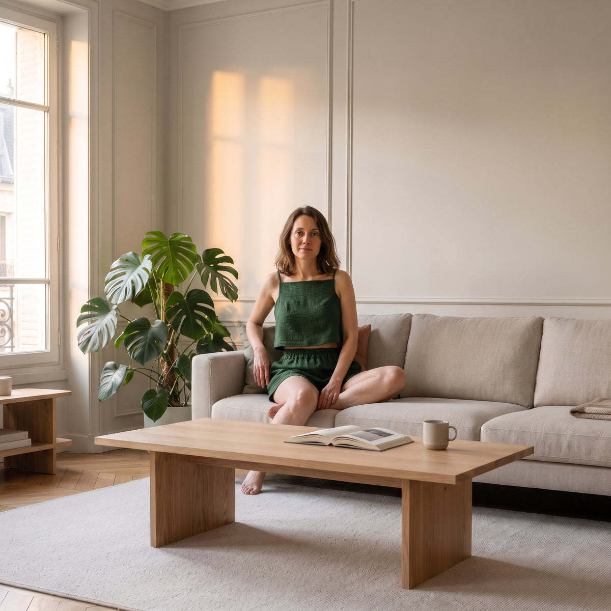 Femme assise dans son salon avec l'ensemble d'été vert Image