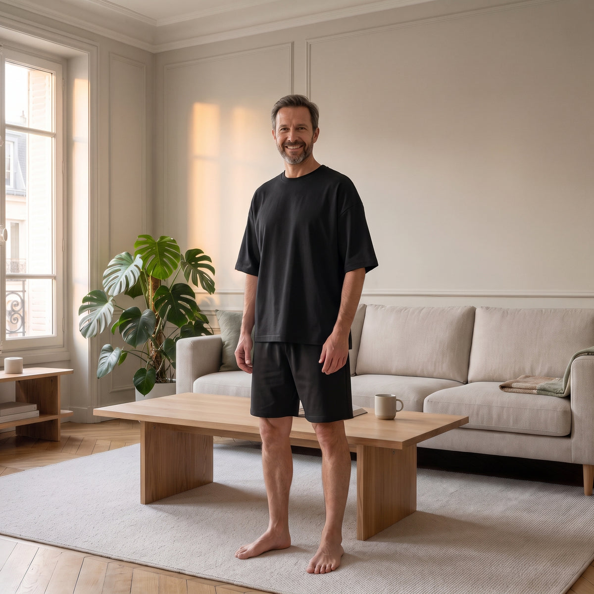 Ensemble d'été noir porté debout par un homme Image