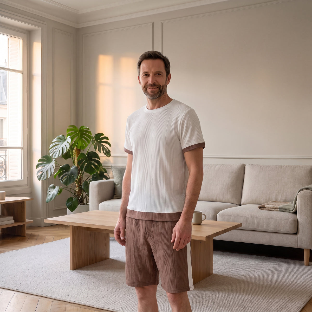 Homme portant le tee-shirt blanc et le short brun de l’ensemble bicolore