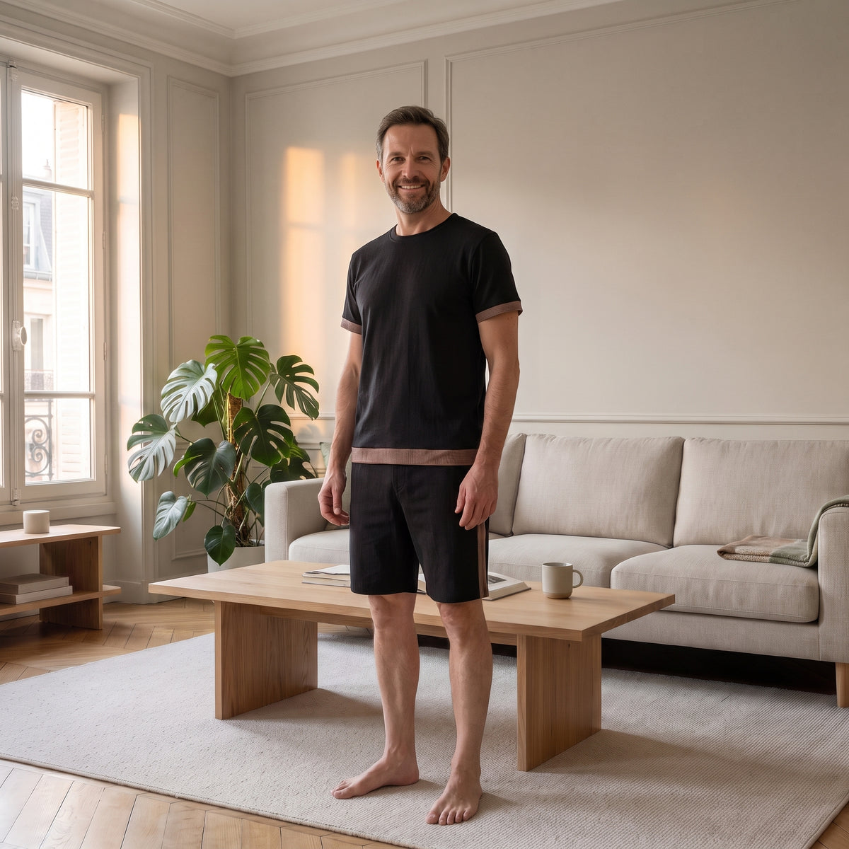 Homme portant l’ensemble short et tee-shirt noir dans un salon lumineux