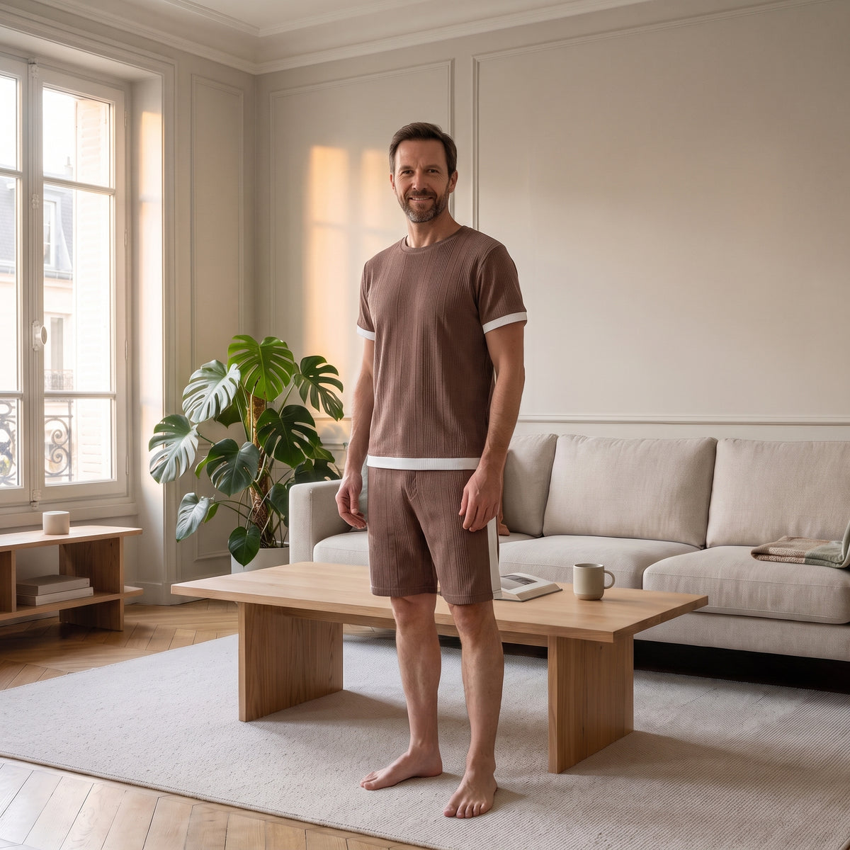 Homme portant l’ensemble short et tee-shirt rouge brique dans un salon lumineux