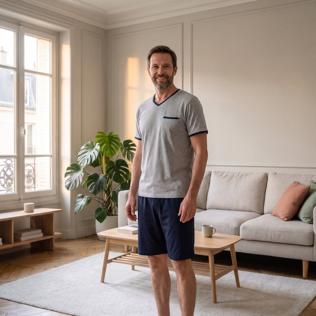 Homme en pyjama court gris et bleu, cadré de la tête aux genoux