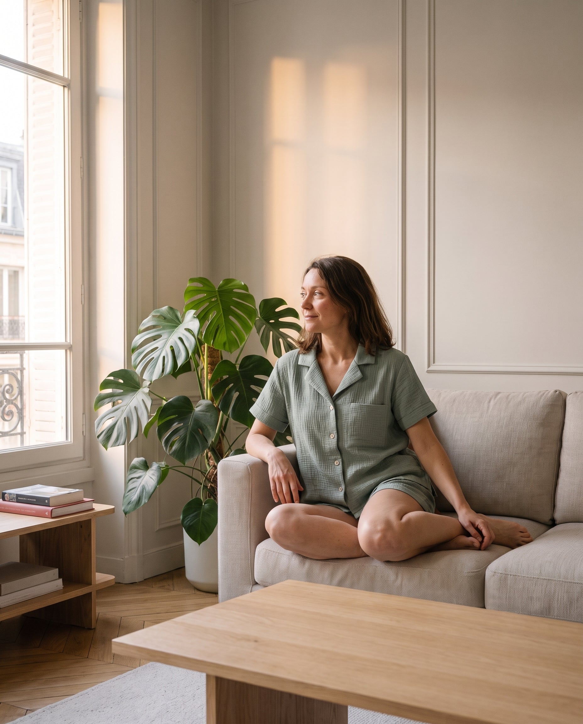 Femme assise sur un canapé en ensemble de gaze de coton vert sauge en fin de journée Image