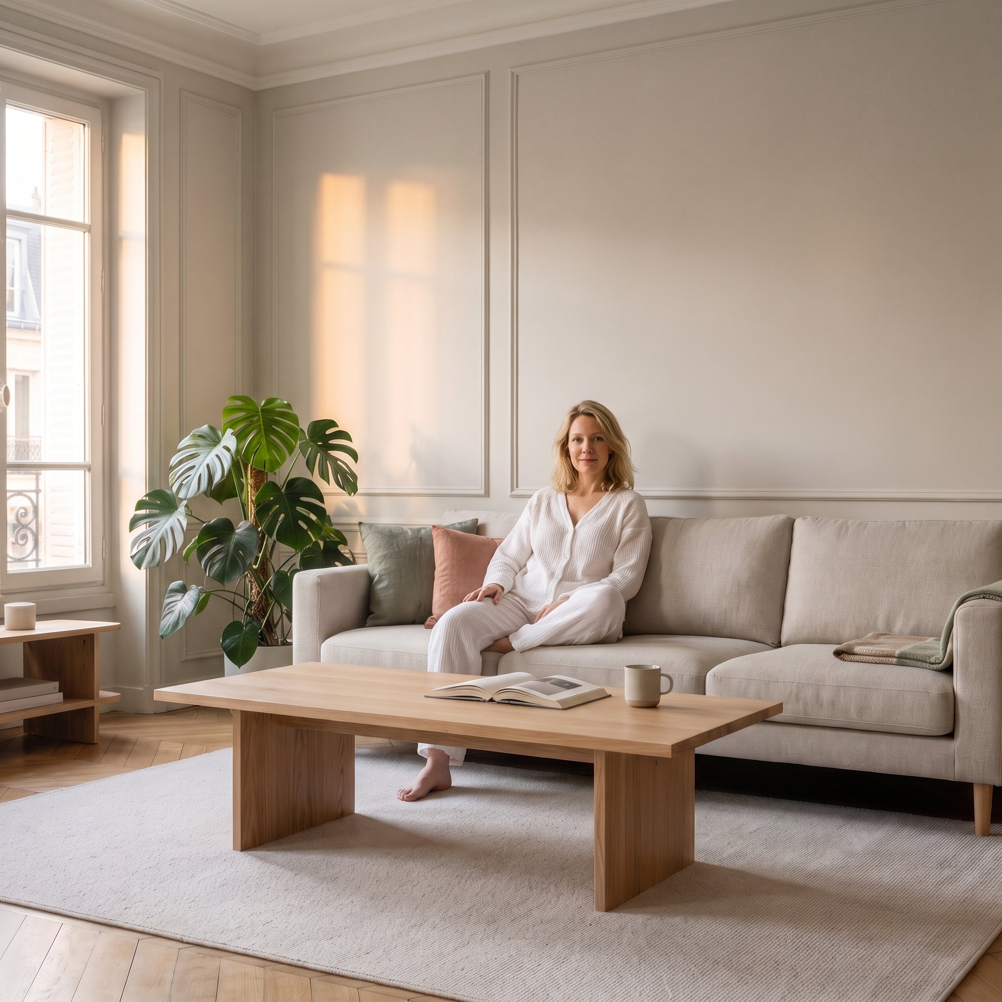 Ensemble en gaze de coton blanc porté assis dans un salon Image