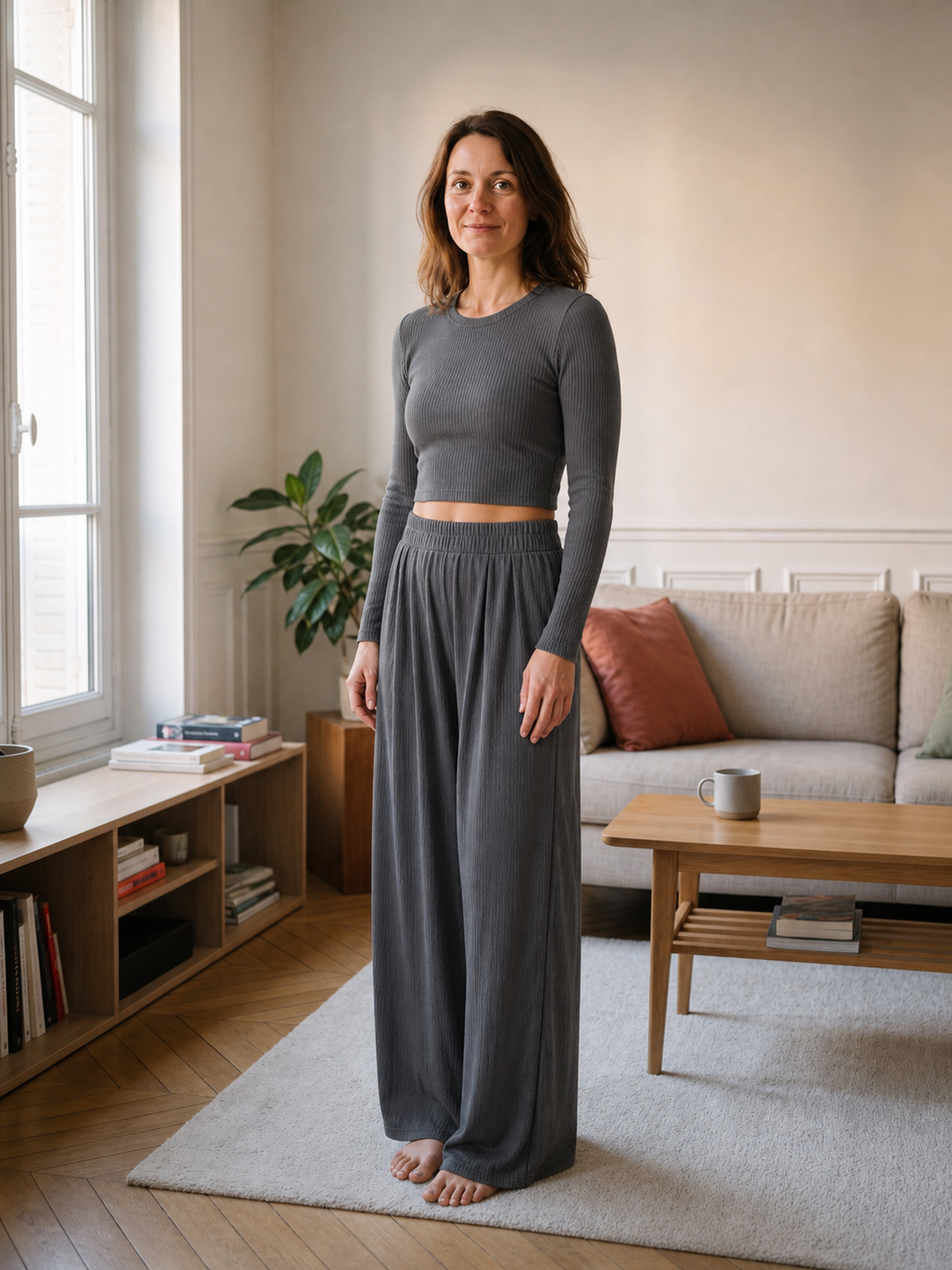 Femme portant l'ensemble gris foncé à pantalon large dans le salon