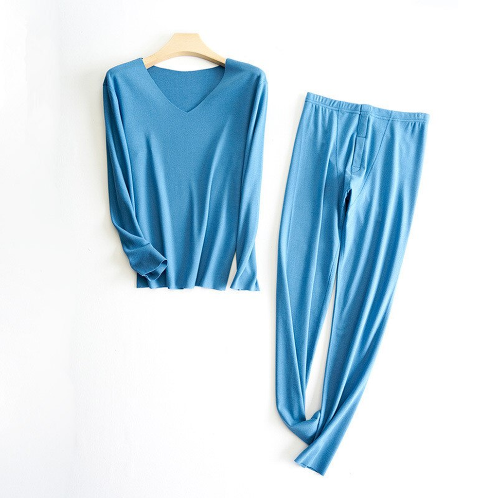 Ensemble détente homme bleu à col V avec haut et pantalon à plat