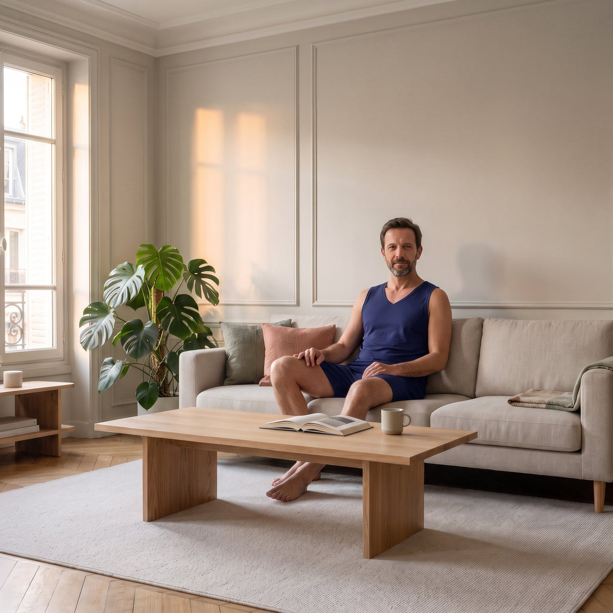 Homme du casting en pyjama bleu foncé assis dans le salon.