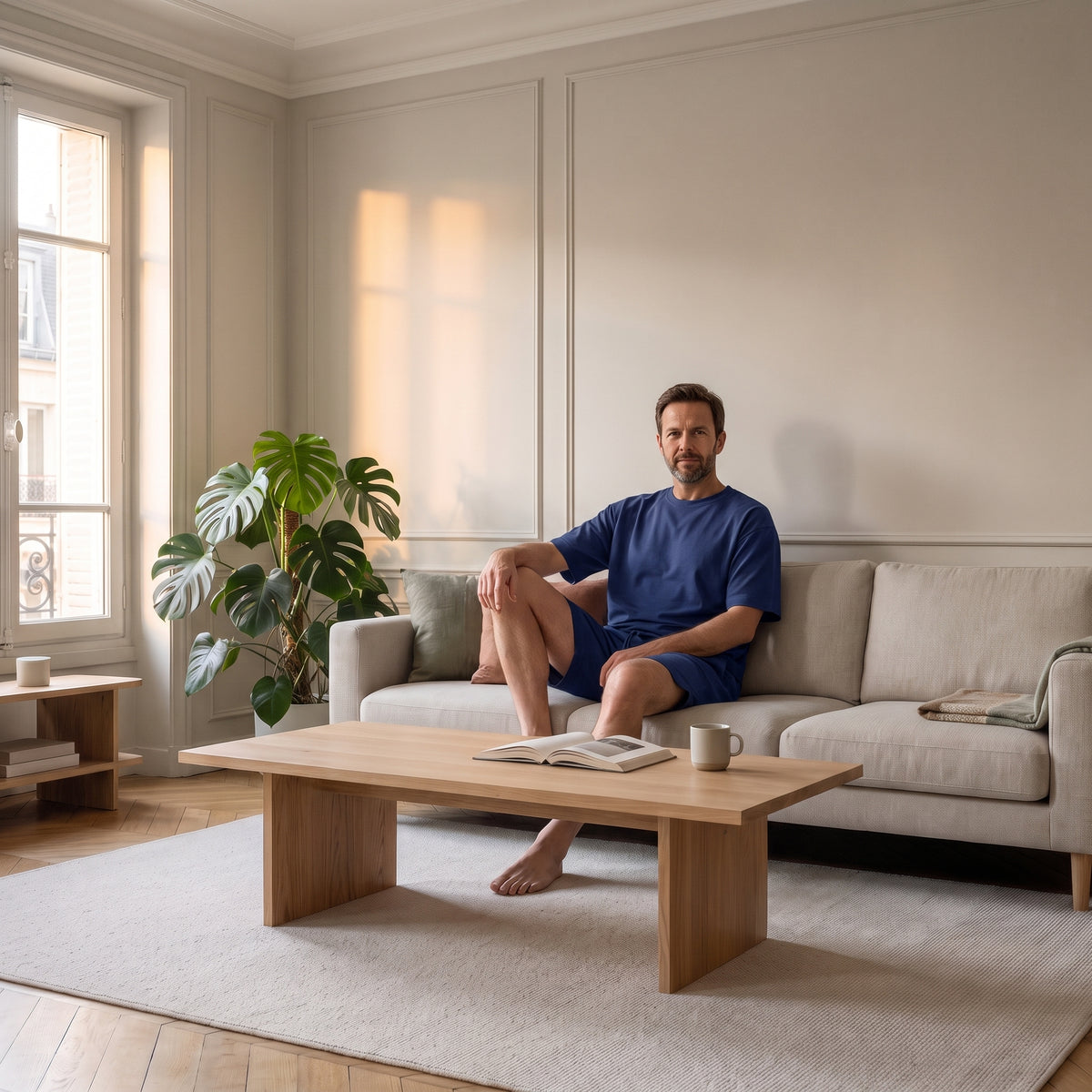 Homme du casting assis dans le salon avec l’ensemble bleu Image