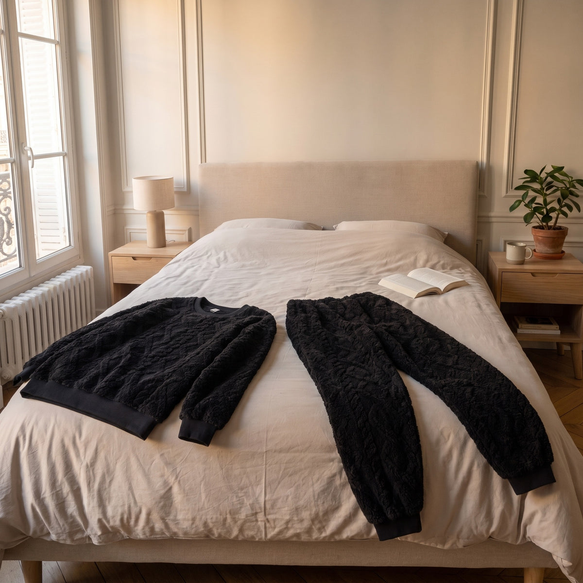 Ensemble pyjama noir en coton effet tricot présenté sans mannequin, déplié sur un lit fait